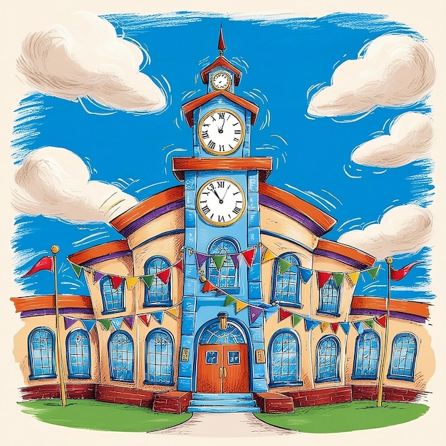 a drawing of a building with a clock on it and the time is 10 00