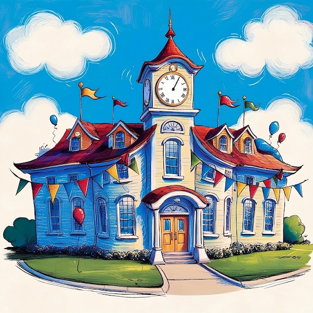 a drawing of a building with a clock on it