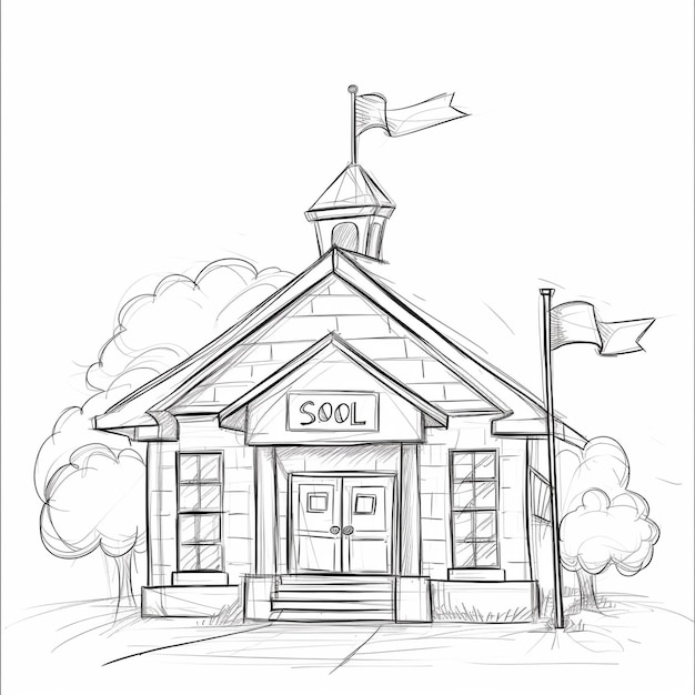 a drawing of a building with a cross on it