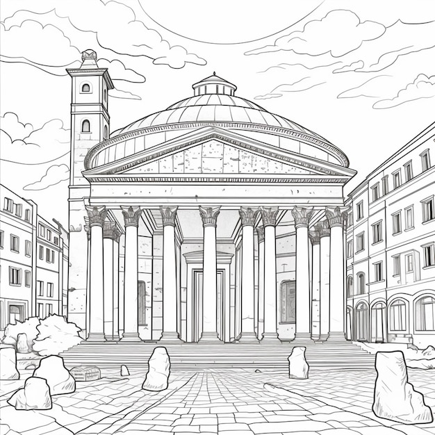 a drawing of a building with a dome and a clock tower generative ai