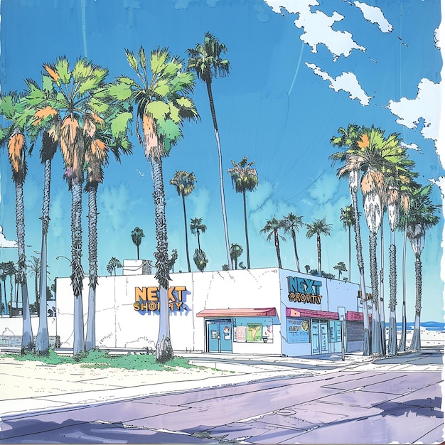 Photo a drawing of a building with palm trees beside it on the road