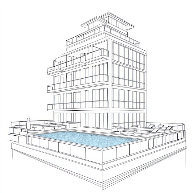 a drawing of a building with a pool on the top of it