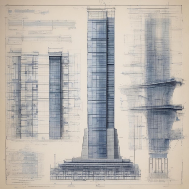 a drawing of a building with a tower and a building in the background