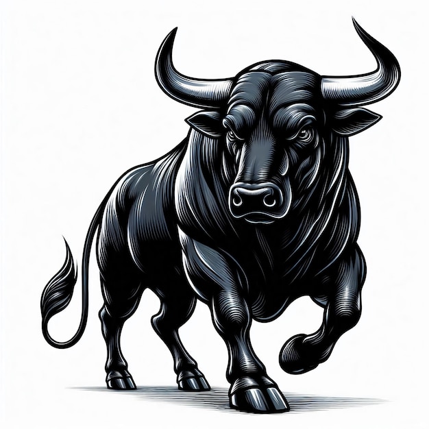 a drawing of a bull with a black tail