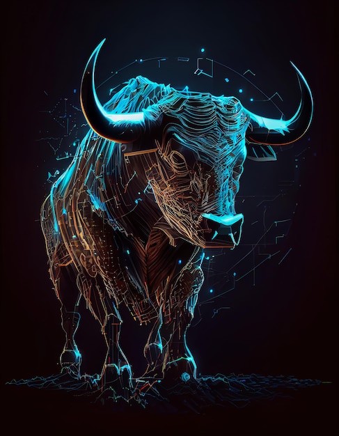 A drawing of a bull with a blue background and the words " bull " on the front.