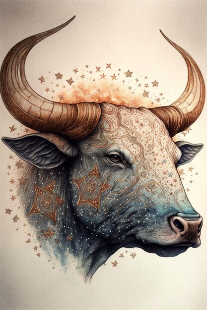 Drawing of a bull with stars on its head generative ai