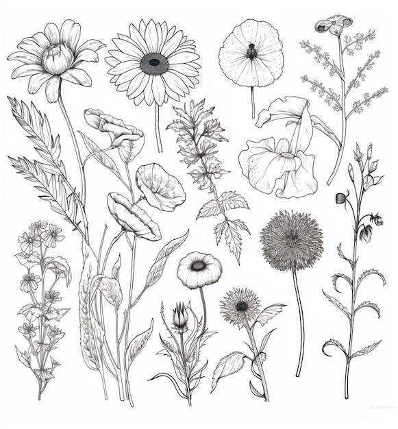 a drawing of a bunch of flowers and plants on a white background generative ai