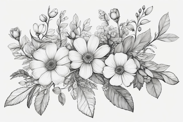 A drawing of a bunch of flowers with leaves on a branch generative ai