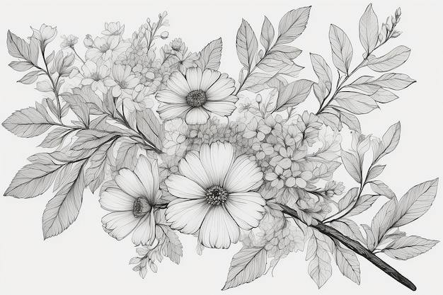 A drawing of a bunch of flowers with leaves on a branch generative ai