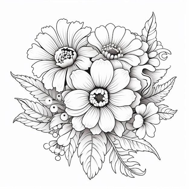 a drawing of a bunch of flowers with leaves and flowers generative ai