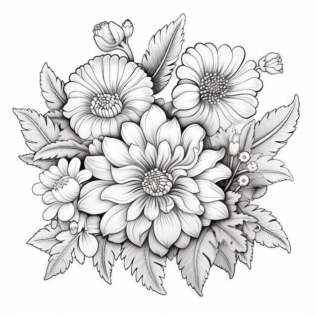 a drawing of a bunch of flowers with leaves and flowers generative ai