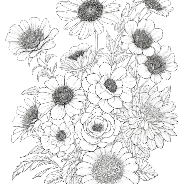 A drawing of a bunch of flowers with leaves and flowers