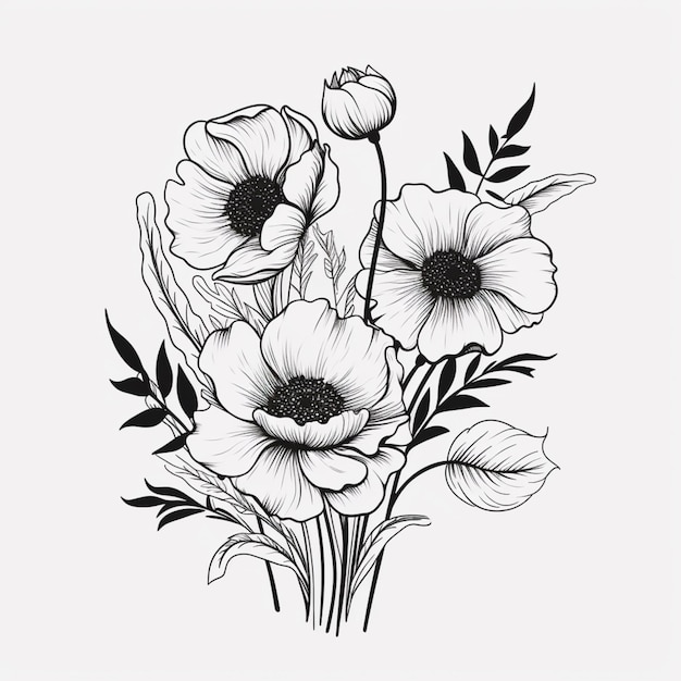 a drawing of a bunch of flowers with leaves on a white background generative ai