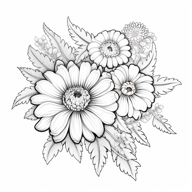 a drawing of a bunch of flowers with leaves on a white background generative ai