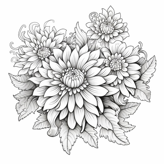 a drawing of a bunch of flowers with leaves on a white background generative ai