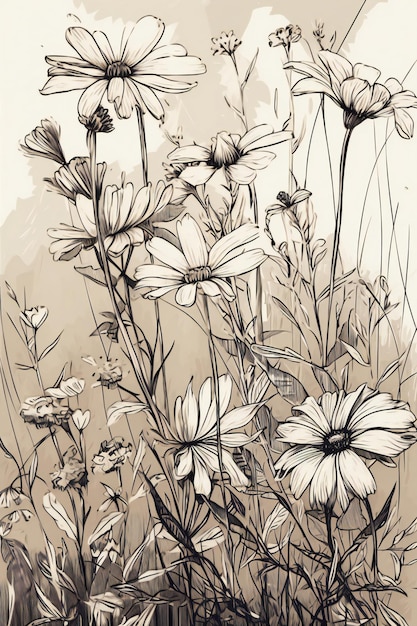 A drawing of a bunch of flowers with the word daisies on it.