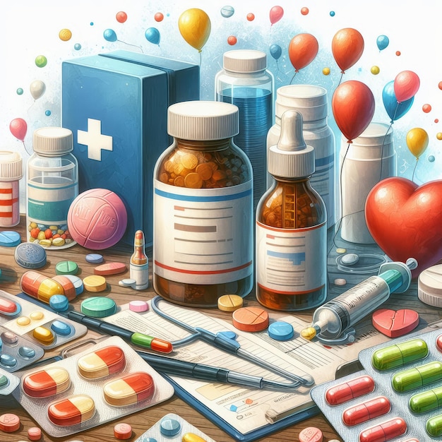 a drawing of a bunch of pills and a box of medicine