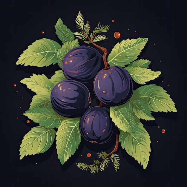 a drawing of a bunch of purple plums with leaves on a black background