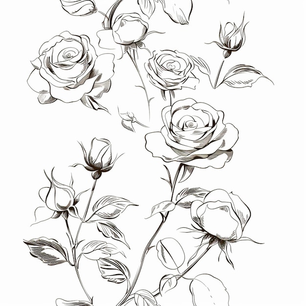 Photo a drawing of a bunch of roses with leaves and flowers generative ai