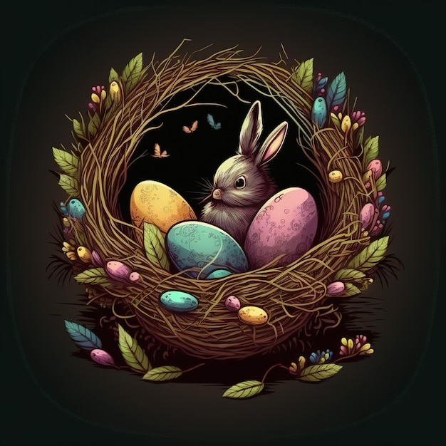 A drawing of a bunny in a nest with colorful eggs.