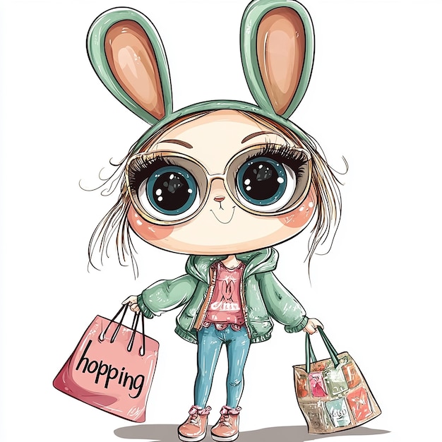 a drawing of a bunny rabbit with a bag that says happy happiness