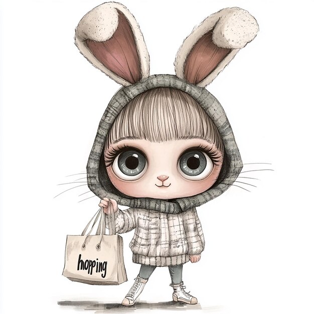 a drawing of a bunny with a bag that says quot lol quot on it