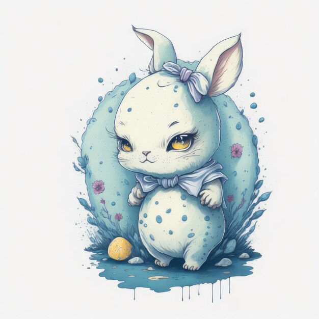 A drawing of a bunny with a blue bow on its neck