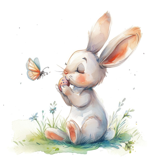 a drawing of a bunny with a butterfly in his mouth