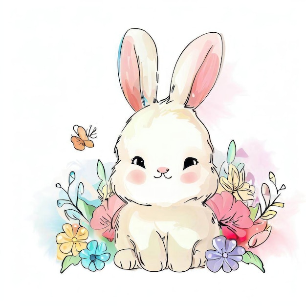 A drawing of a bunny with a colorful background and a butterfly on the front.