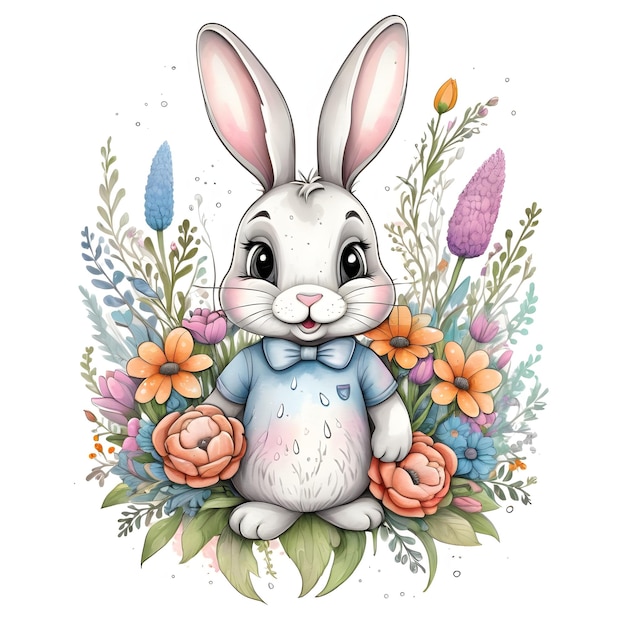 A drawing of a bunny with flowers isolated white background