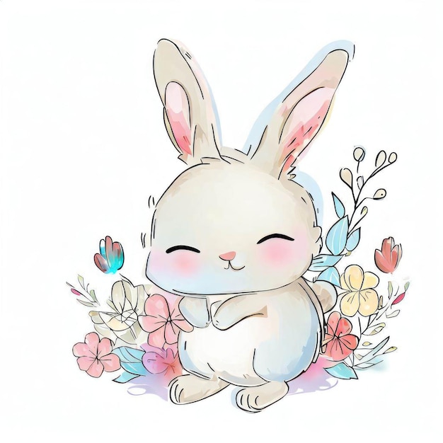 A drawing of a bunny with a pink nose and a pink nose sits in a field of flowers.