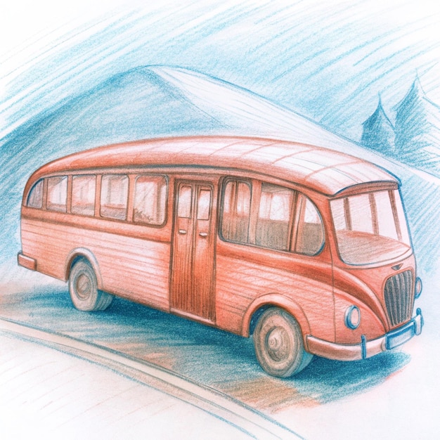 a drawing of a bus with a mountain in the background