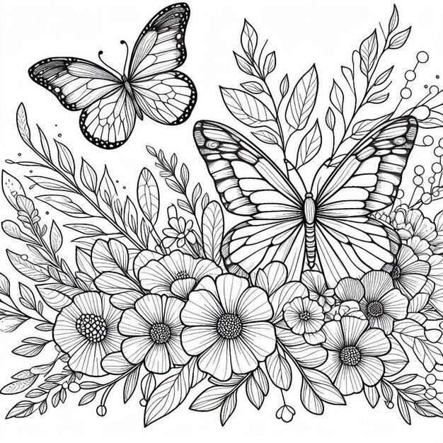 Photo a drawing of butterflies and flowers with butterflies and flowers