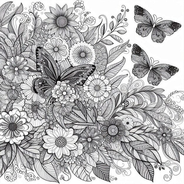 a drawing of butterflies and flowers with butterflies