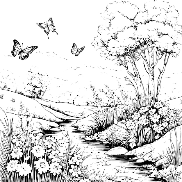 Photo a drawing of butterflies and trees with butterflies in the background