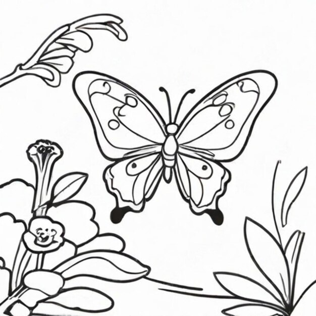 a drawing of a butterfly and flowers with butterflies on it