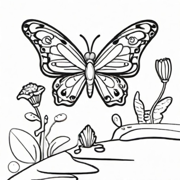 a drawing of a butterfly and flowers with butterflies on it