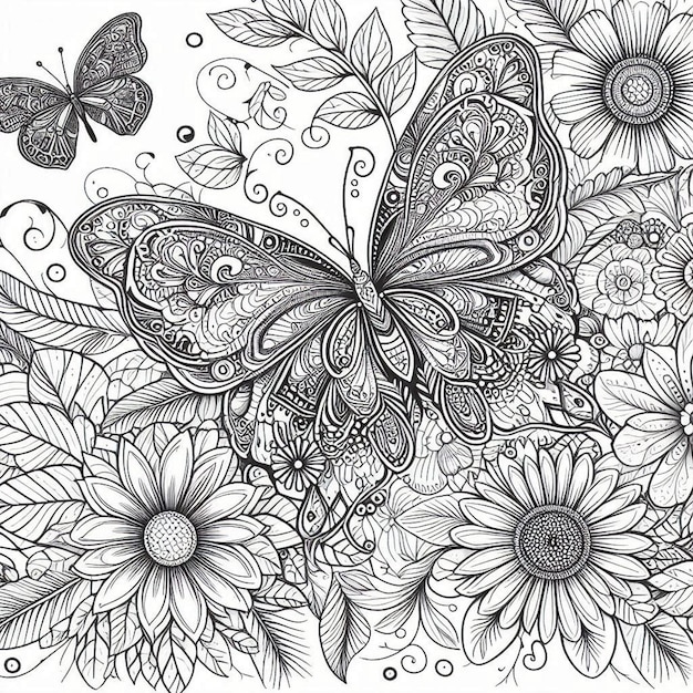 a drawing of a butterfly and flowers with butterflies