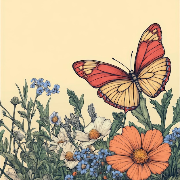 Photo a drawing of a butterfly and flowers with a butterfly on it