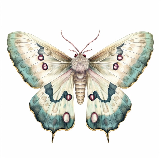 A drawing of a butterfly with a blue and green pattern.