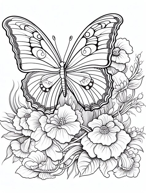 Photo a drawing of a butterfly with butterflies and flowers