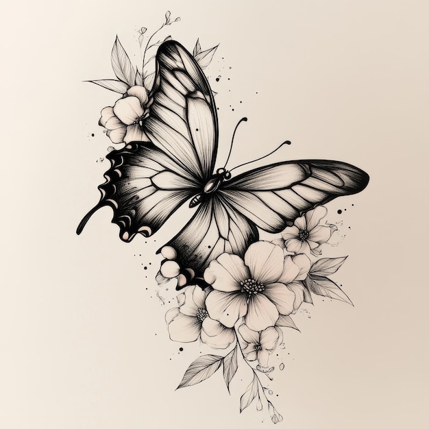 Photo a drawing of a butterfly with flowers and butterflies