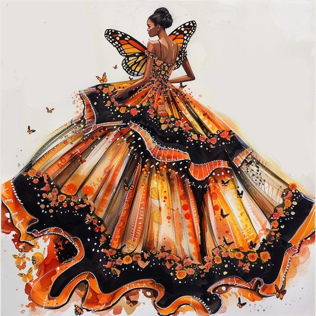 a drawing of a butterfly on a womans dress