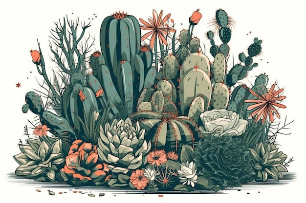 a drawing of cactus and cactus with flowers and plants