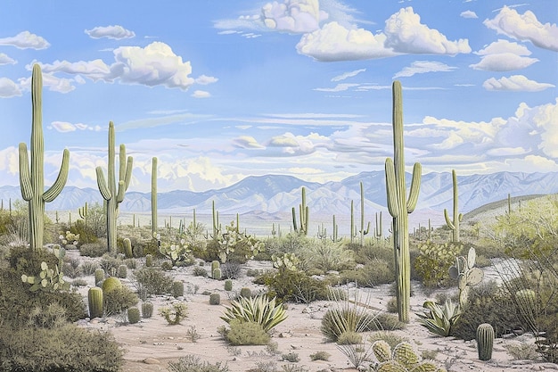 a drawing of cactus and mountains in the background