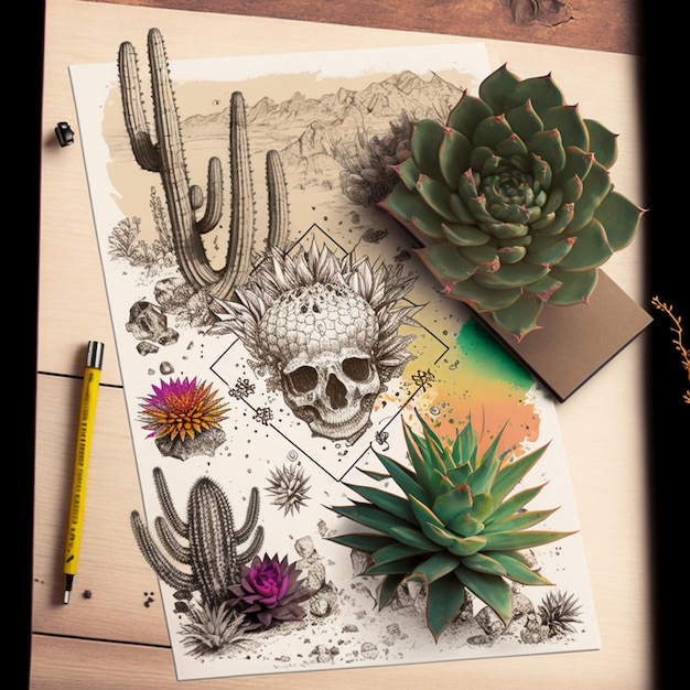 A drawing of a cactus and a pen with the number 3 on it