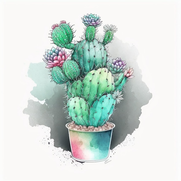 Photo a drawing of a cactus plant with a pink and green coloring