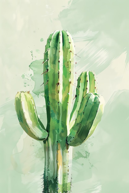 a drawing of a cactus with green leaves and a watercolor background