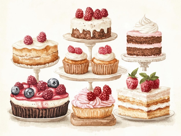 a drawing of cakes and cakes with raspberries and raspberries