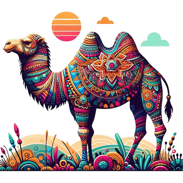 Photo a drawing of a camel with a colorful pattern on it